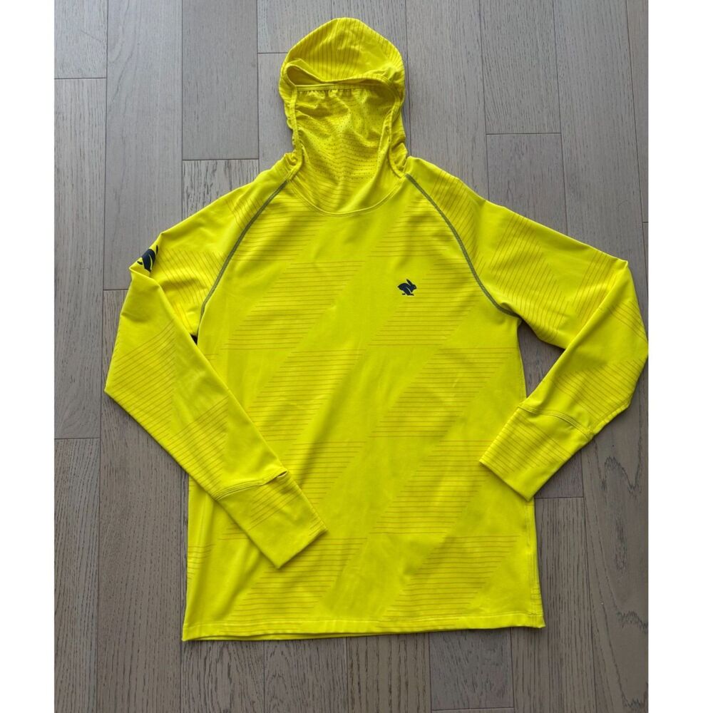 Rabbit Running Men’s Fleece Hoodie Large Neon Yellow Lime Face Cover Thumbholes